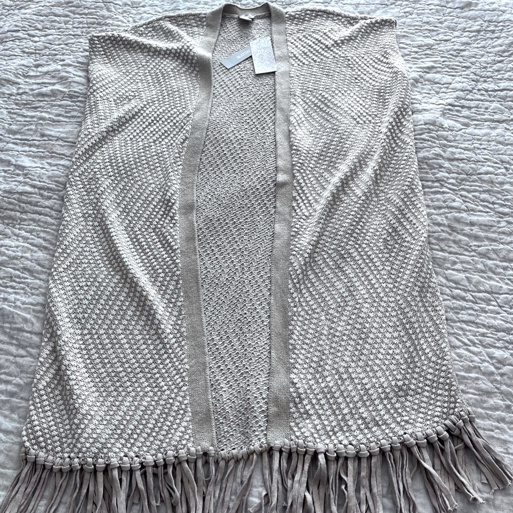 NWT Chico’s Sz 2 Vest With Fringe. Taupe and white.